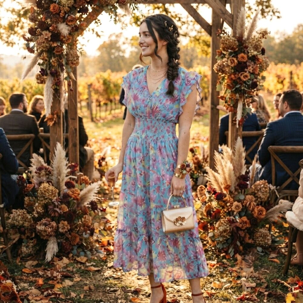 Shoshanna Anthropologie Ziara Silk Floral Smocked Midi Dress 8 Shimmer Coquette